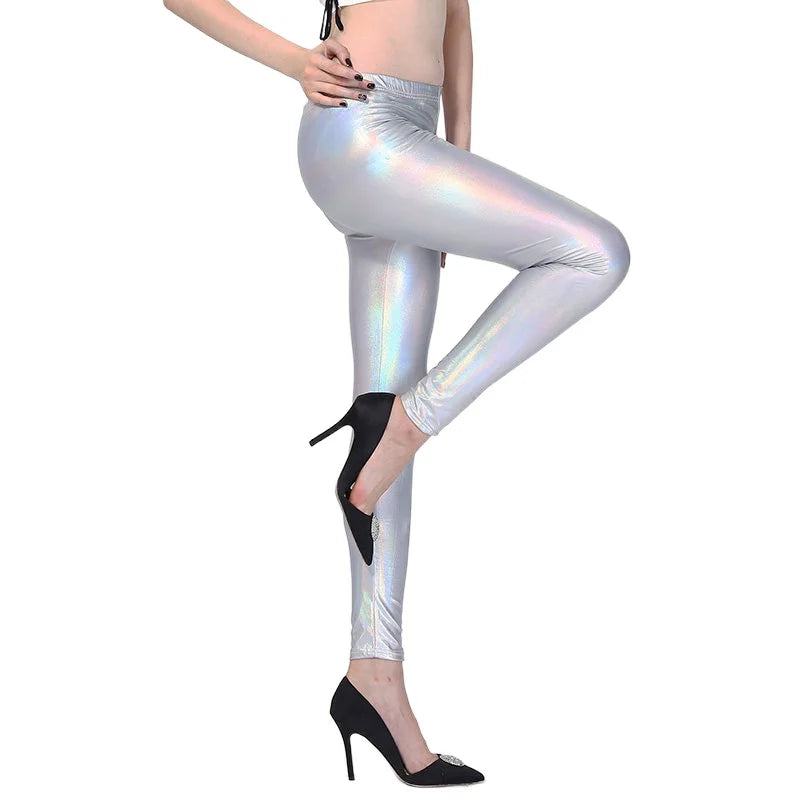 Glamorous Stretchy Fitness Leggings for Women - Shiny Clubwear Trousers in Silver, Black, Gold, and Red - Elastic Skinny Sport Fashion Pants