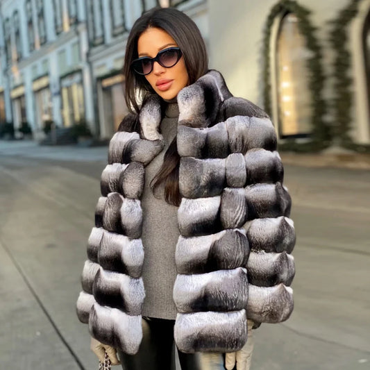 Women Rex Rabbit Fur Coat Winter Chinchilla Colour Fur Coat Winter Jacket Women Natural Short Fur Coat