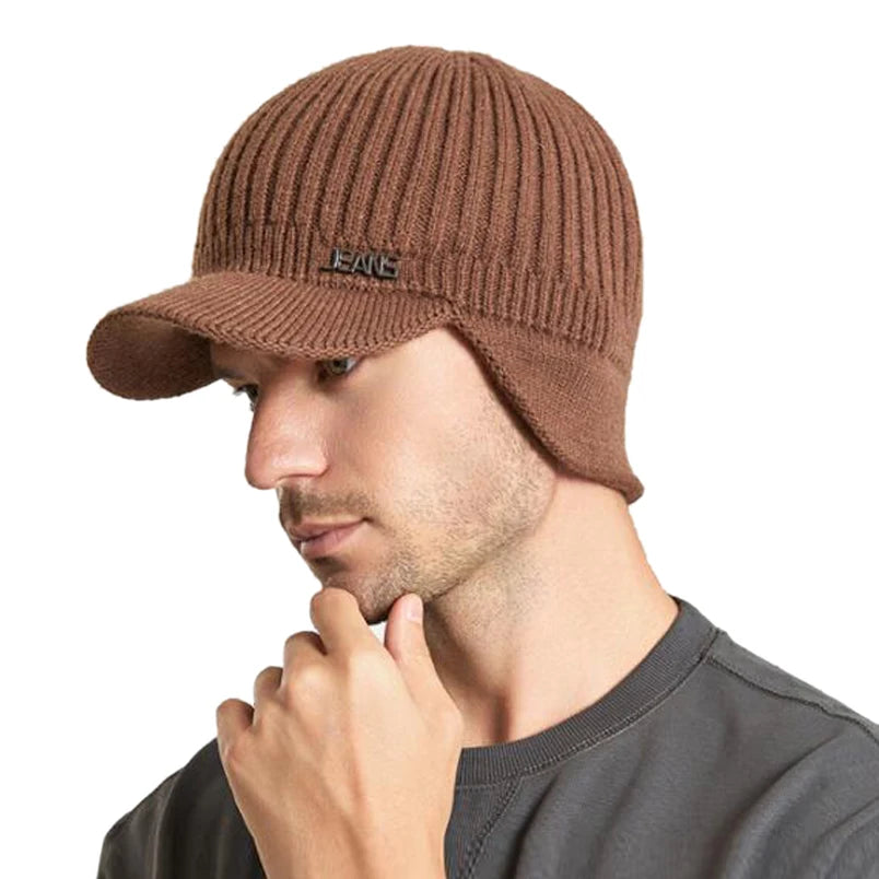 Men's Knitted Winter Baseball Cap with Earflaps - Warm Woollen Beanie for Outdoor Leisure Activities