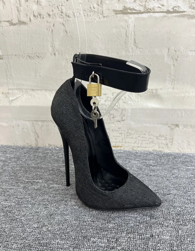 Chic 16cm Denim High Heels for Women - Customizable Fetish Pumps with Ankle Strap and Pointed Toe, Ideal for Cosplay Events