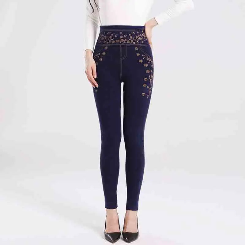 Cozy Floral Fleece-Lined High Waist Leggings for Women – Breathable and Stretchy Black Casual Trousers for Autumn-Winter