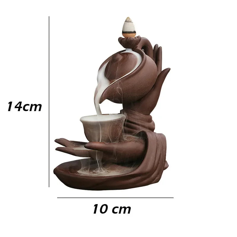 Ceramic Waterfall Incense Burner - Buddha Hand Teapot Censer Holder, Indoor Smoke Backflow Incense Fountain for Buddhist Altar Table Decor