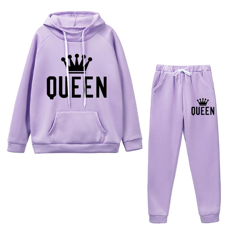 Queen Printing Womens Outfits Fashion Trend Hooded Sweatshirt Suit Casual Jogging Clothing Autumn Winter Hot Sales Pants Set