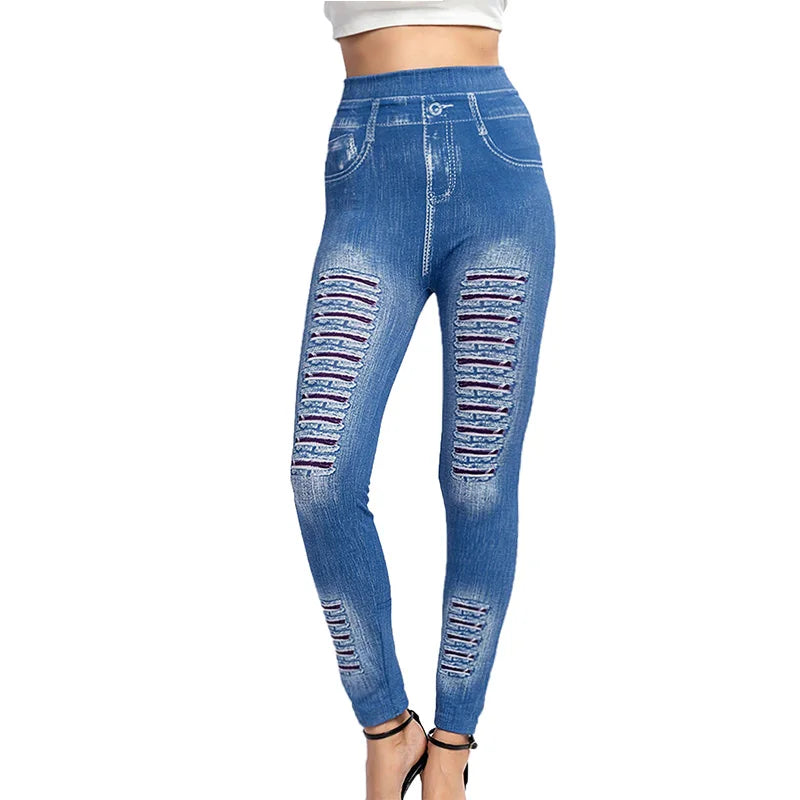 Stylish Striped Denim-Inspired Leggings with Elastic Hip Lift - Cropped Fashion Pants for Activewear