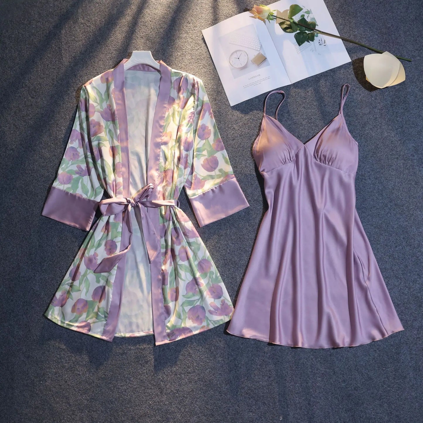 Chic Floral Print Summer Pajama Set with Belted Cardigan and Padded Slip Dress for Women