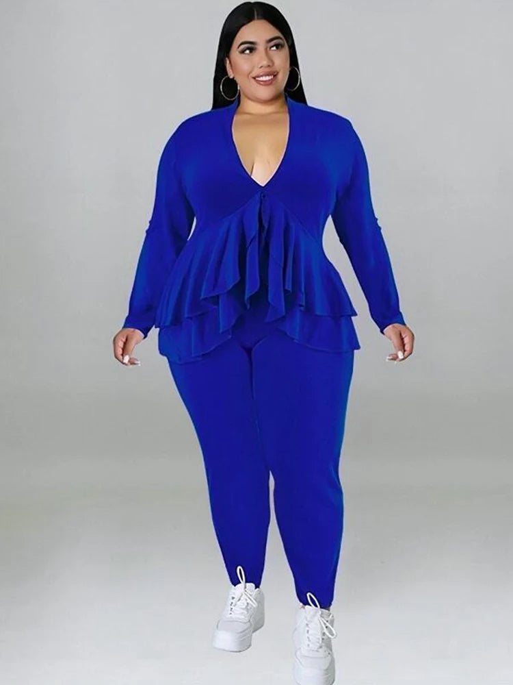 Chic Plus Size Women's Elegant Two-Piece Ruffle Blazer and Pants Suit Set for Stylish Comfort