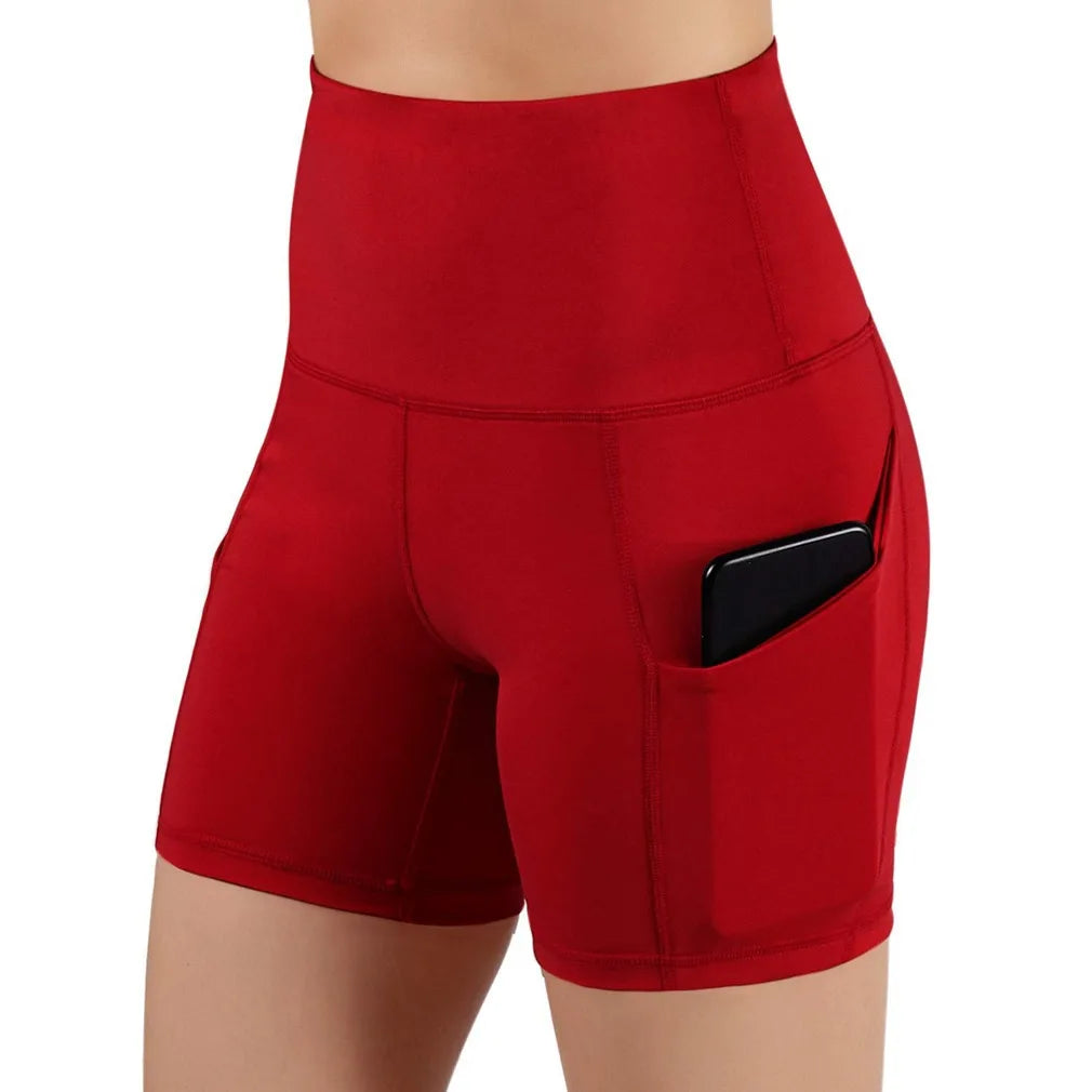 Stylish High Waist Pocketed Women's Yoga Shorts for Gym and Running Fitness