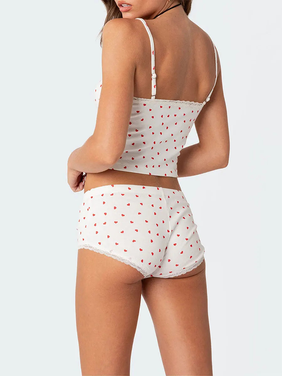 Lace-Trimmed Heart Print Women's Summer Two-Piece Pajama Set with Cropped Camisole and Elastic Waist Shorts