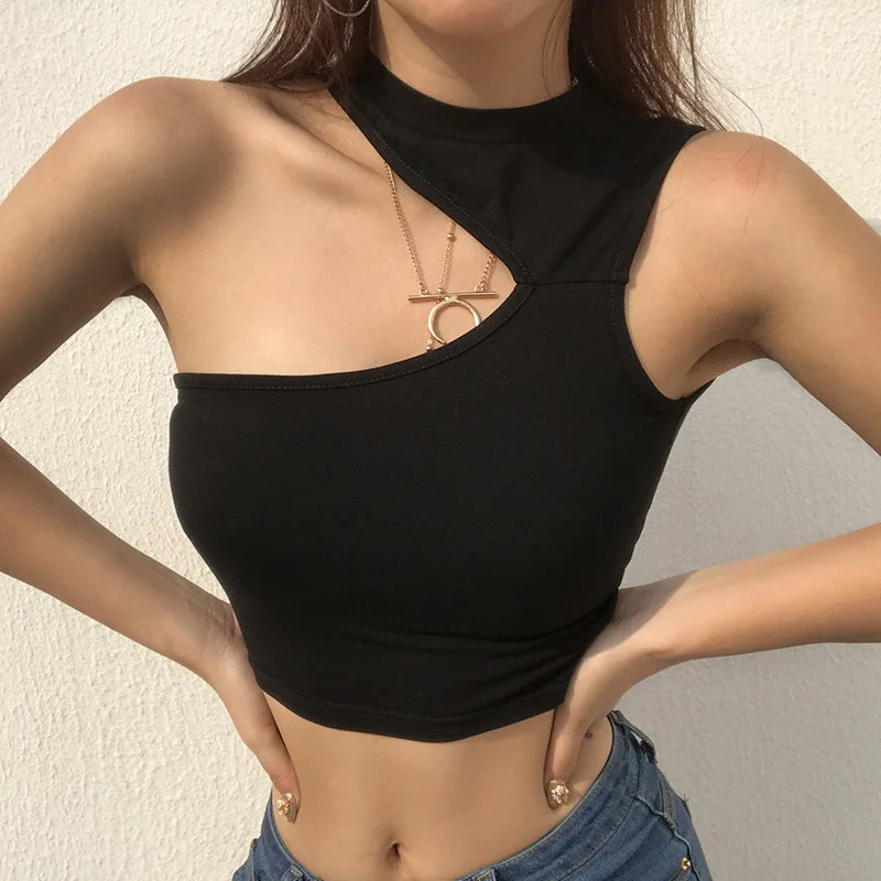 2024 Summer Women's Black Backless Asymmetrical Cropped Camisole Tank Top - CKFZ-676