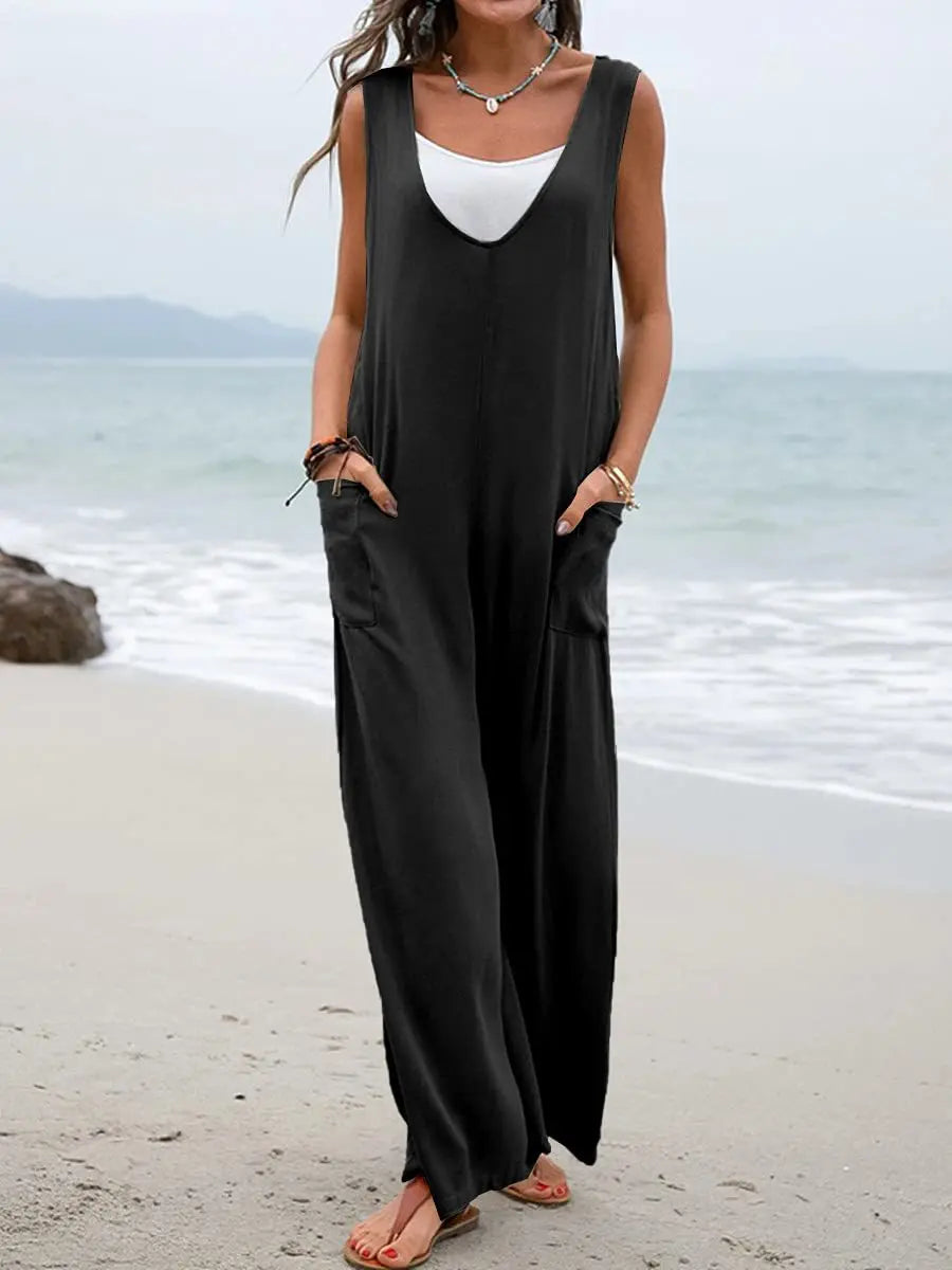 2024 Summer Solid Color V-Neck Wide-Leg Jumpsuit with Patch Pockets for Fashionable Look in Europe and the USA