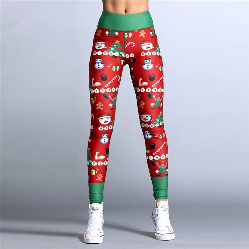 Festive Women's High-Waist Printed Leggings - Sleek & Stretchy Fitness Trousers for Holiday Workouts