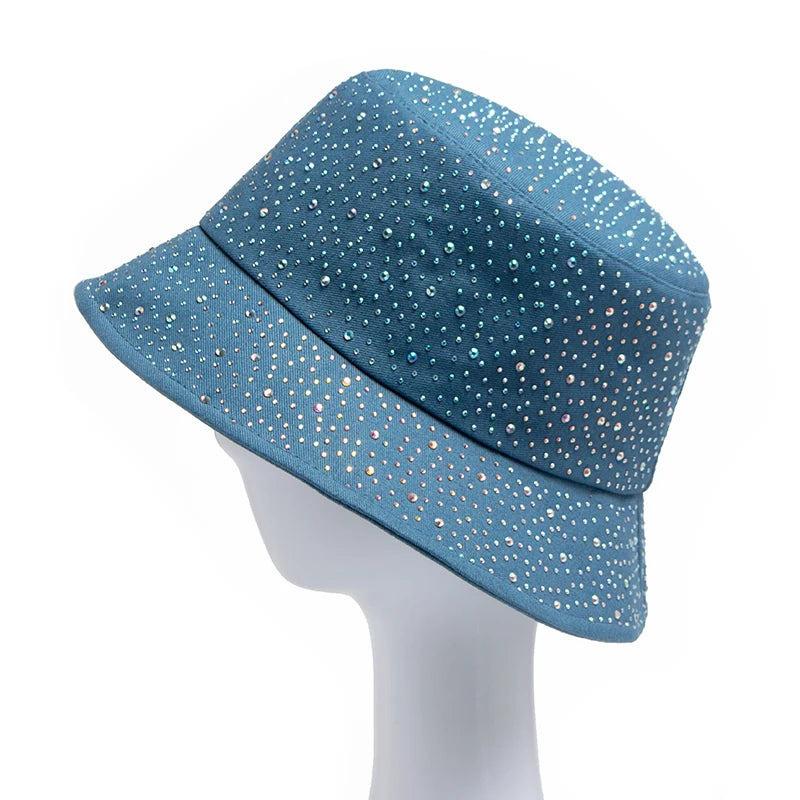 Chic Rhinestone-Studded Y2K Bucket Hat for Women - Stylish Cotton Panama Cap for Spring and Summer Escapades