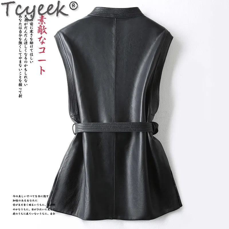 Tcyeek Genuine Leather Coat Women's Mid-length Sheepskin Vest Spring 2023 Slim Fit Motorcycle Leather Jacket Women Clothing New