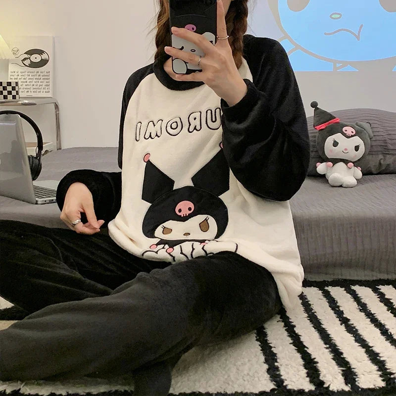 Cozy Sanrio Kuromi Winter Pajama Sets for Women - Adorable Soft Sleepwear & Cartoon Home Wear Gift