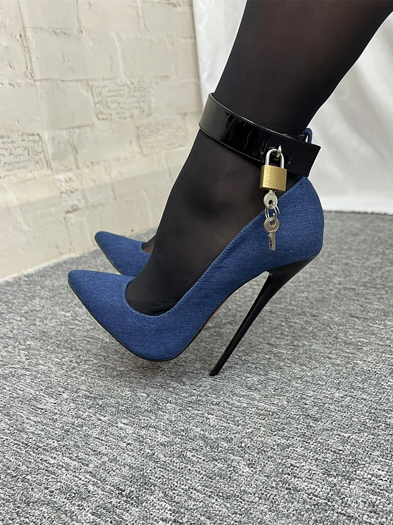 Chic 16cm Denim High Heels for Women - Customizable Fetish Pumps with Ankle Strap and Pointed Toe, Ideal for Cosplay Events