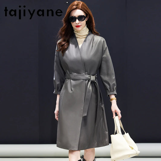 Tajiyane Brand Top Genuine Sheepskin Trench Coat for Women Fall Winter Windbreaker V-Neck Long Real Leather Jacket Female Coats