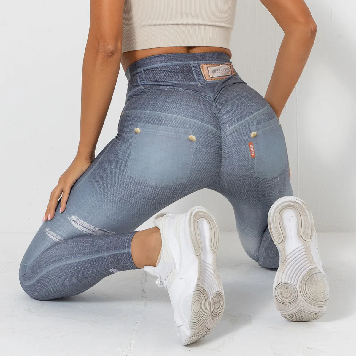 High Waist Scrunch Yoga Leggings for Women - Denim-Look Push Up Fitness Tights