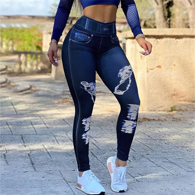 2024 Fall/Winter (XL.XXL.XXXL) Women's High-Waisted Elastic Denim-Look Leggings for Fitness and Yoga