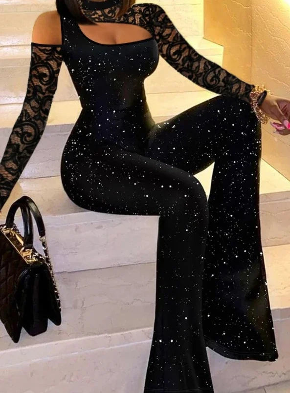 Chic Off-Shoulder Lace Jumpsuit for Women - Spring 2024 Wide Leg Long Sleeve Streetwear