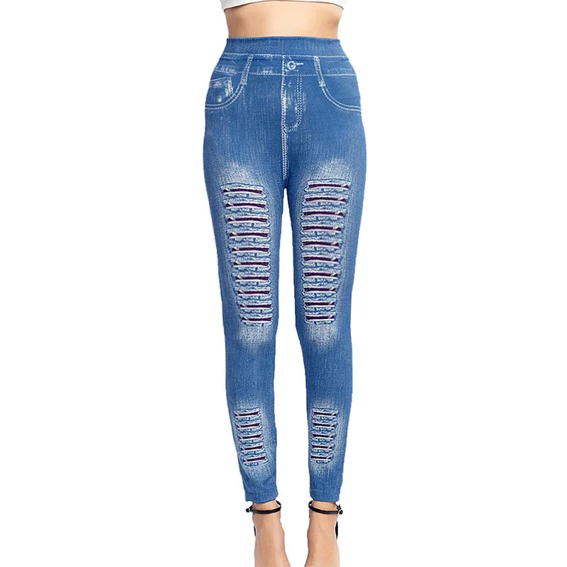 Stylish Striped Denim-Inspired Leggings with Elastic Hip Lift - Cropped Fashion Pants for Activewear