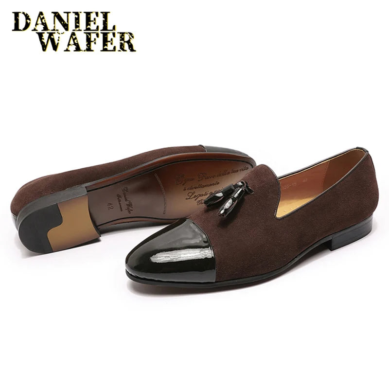 Stylish Men's Suede and Patent Leather Tassel Loafers - Perfect for Office and Weddings in Black & Brown