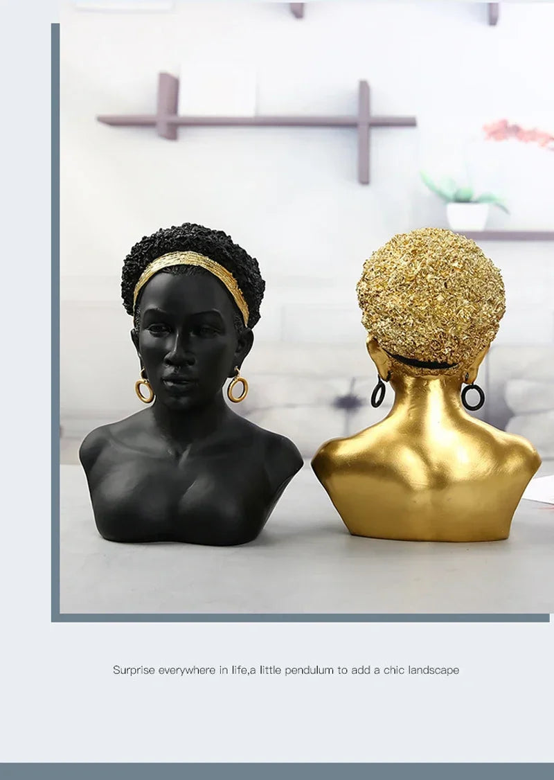 Resin African Black Woman Bust Statue American Figurines Sculpture Home Decor Living Room Shelf Display Cabinet Desk Decoration