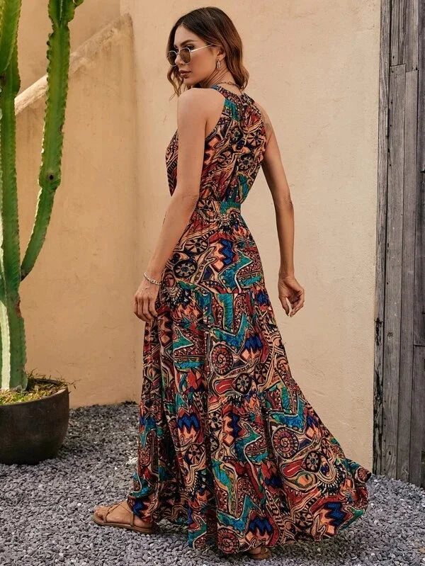 Summer Fashion Print Slip Sleeveless Waist Swing Dress Sexy Women Sashes Bohemia Dress Lady Long Maxi Vestido Vintage Robe Femme