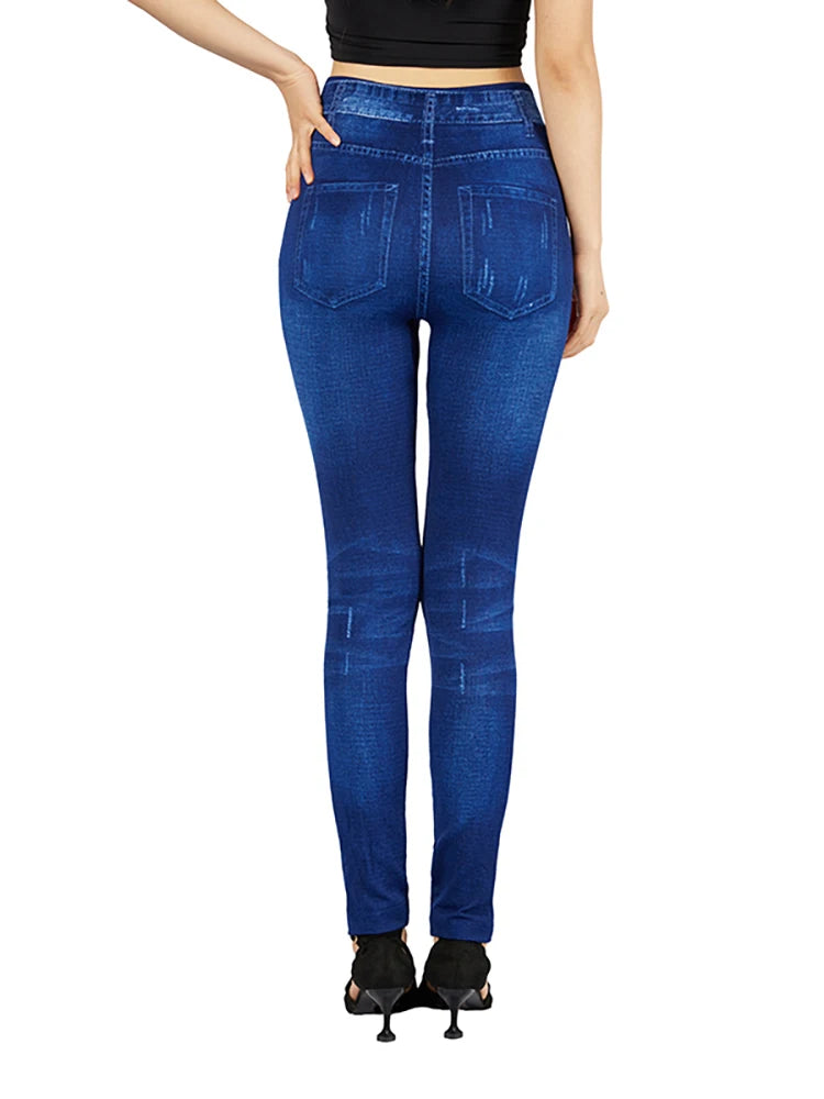 Stylish High Elastic Leggings with Trendy Cutouts and Denim Print for Women