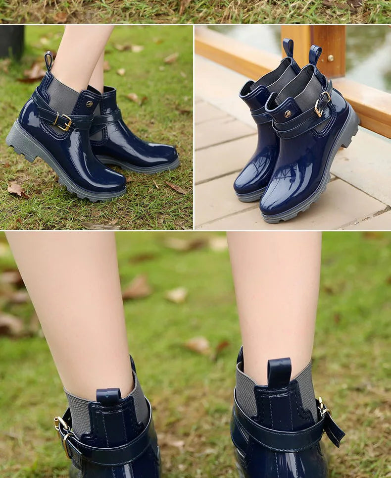 Stylish Waterproof Ankle Rain Boots for Women - PU Leather Slip-On Booties for All Seasons