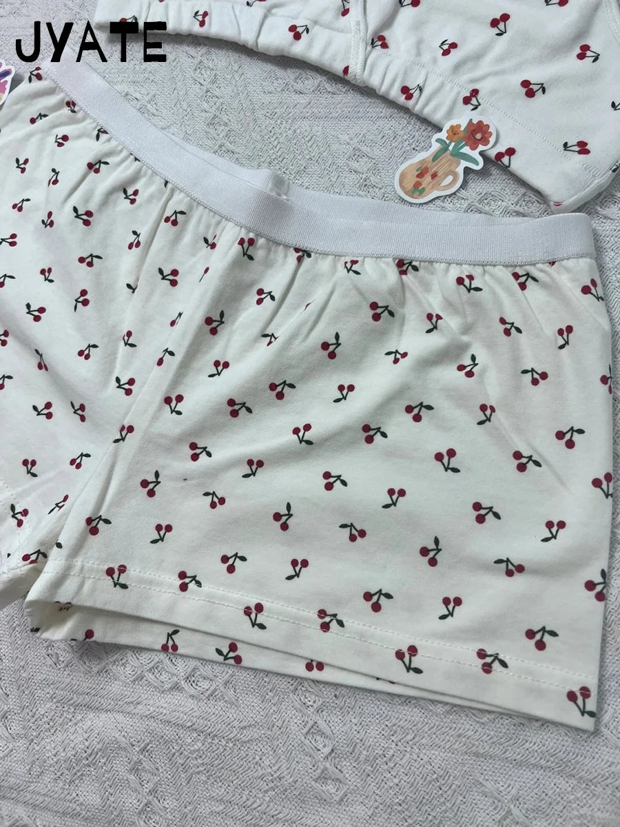 Playful Cherry Print Cotton Pajama Set for Women – Sexy V-Neck Bra and Chic Shorts Combo