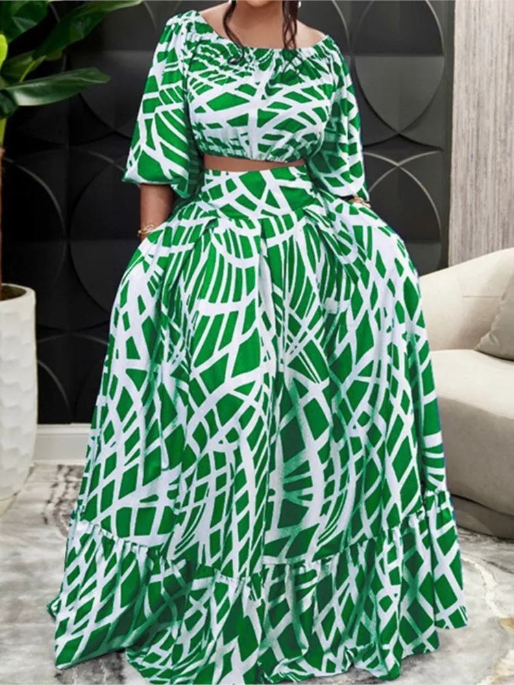 Chic Autumn Boho Print 2-Piece Set: V-Neck Crop Top & Flowing Long Skirt for Elegant Casual Wear