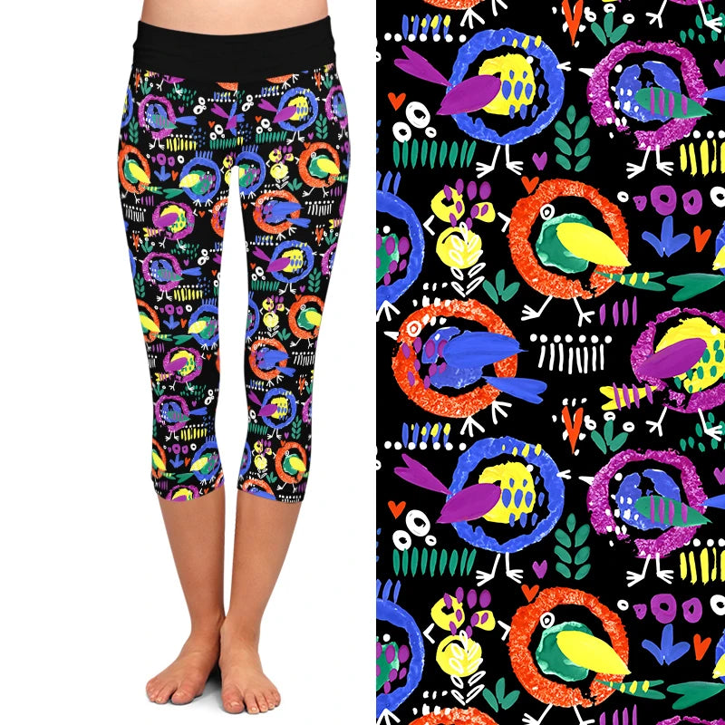 LETSFIND Women's Hand-Painted Cartoon Bird Print High Waist Capri Leggings - Stylish and Comfortable 3/4 Pants