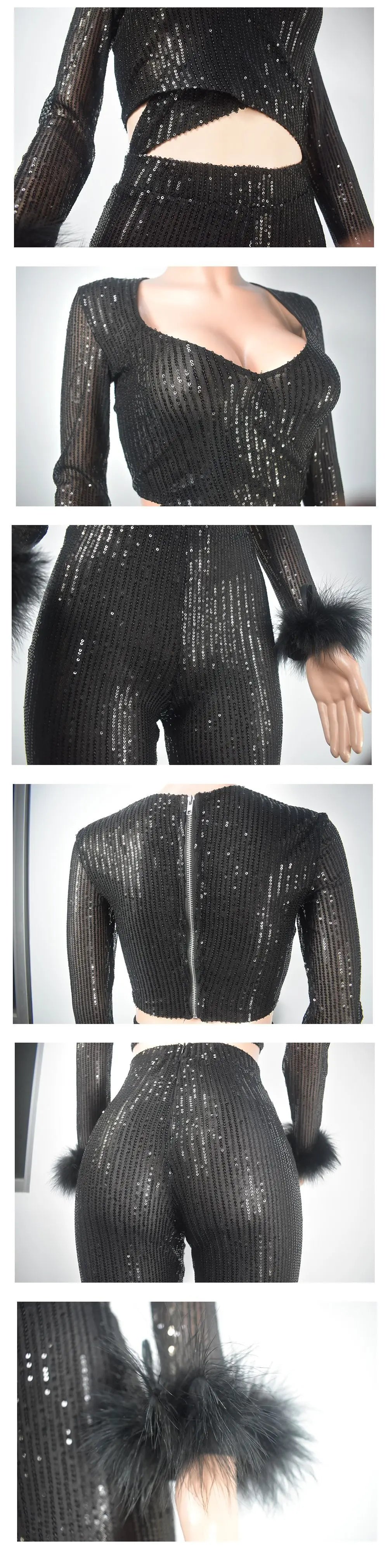 Chic Autumn V-Neck Sequin Jumpsuit with Feather Accents for Women