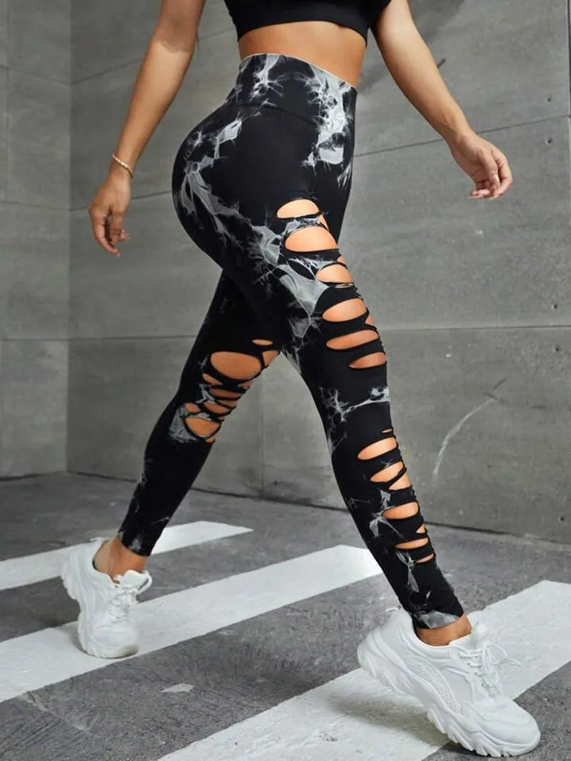 High Waist Tie Dye Seamless Leggings for Women - Stretchy Hollow Out Fitness Tights for Yoga and Running