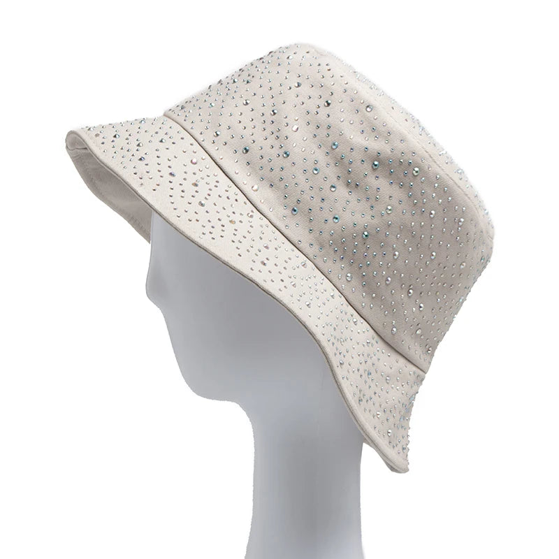 Chic Rhinestone-Studded Y2K Bucket Hat for Women - Stylish Cotton Panama Cap for Spring and Summer Escapades