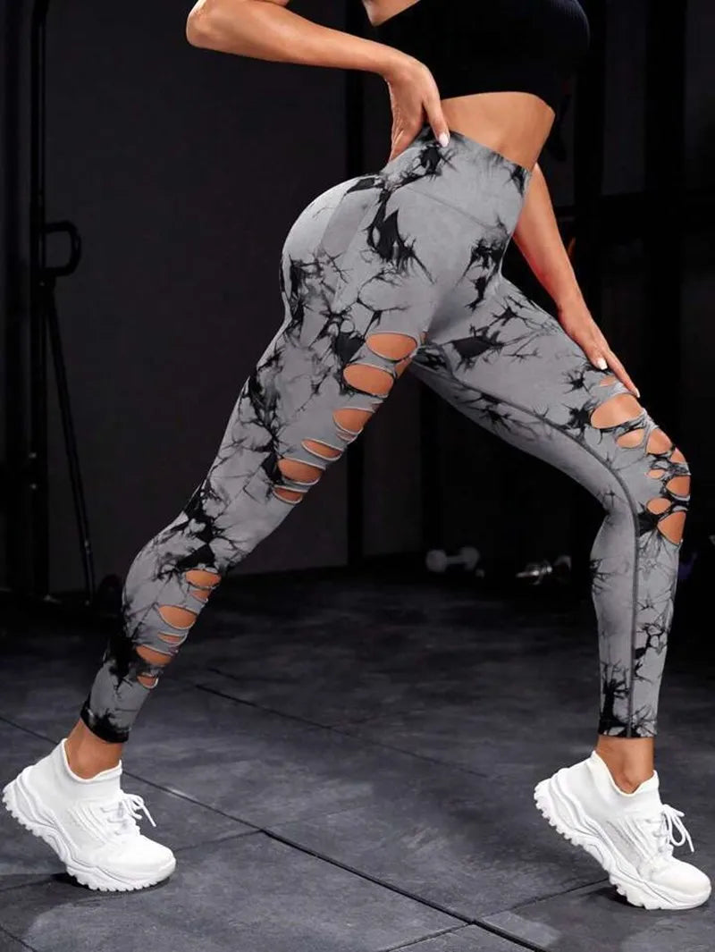 High Waist Tie Dye Seamless Leggings for Women - Stretchy Hollow Out Fitness Tights for Yoga and Running