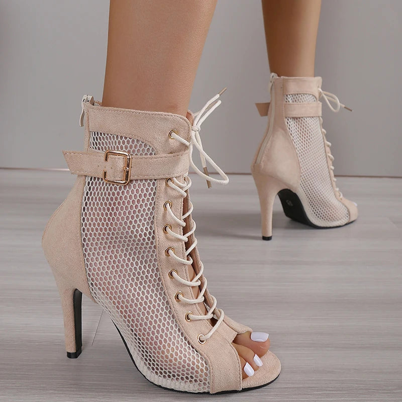 Beige Lace-Up Stiletto Sandals with Hollowed Mesh and Belt Buckle for Women's Summer Dance Parties