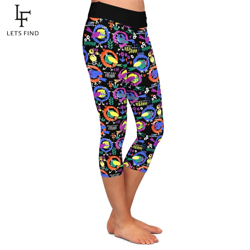 LETSFIND Women's Hand-Painted Cartoon Bird Print High Waist Capri Leggings - Stylish and Comfortable 3/4 Pants