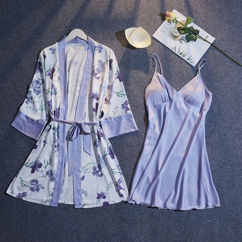 Chic Floral Print Summer Pajama Set with Belted Cardigan and Padded Slip Dress for Women