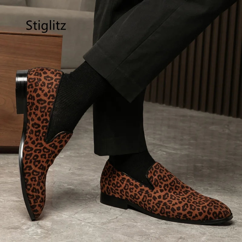 Leopard Print Casual Slip-On Loafers for Men - Breathable Genuine Leather Dress Shoes for Office and Driving in Spring and Autumn