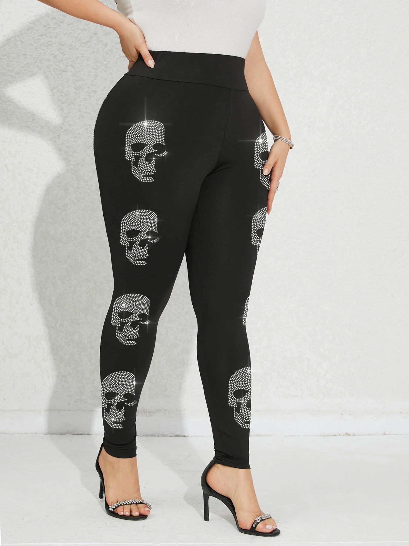 Plus Size Women's Skeleton Rhinestone Leggings - Elastic Sports Tights for Casual Winter Wear