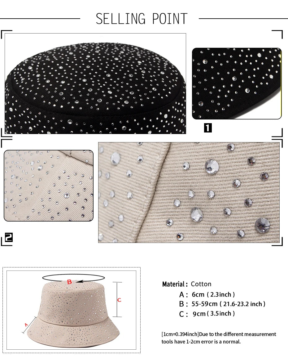 Chic Rhinestone-Studded Y2K Bucket Hat for Women - Stylish Cotton Panama Cap for Spring and Summer Escapades