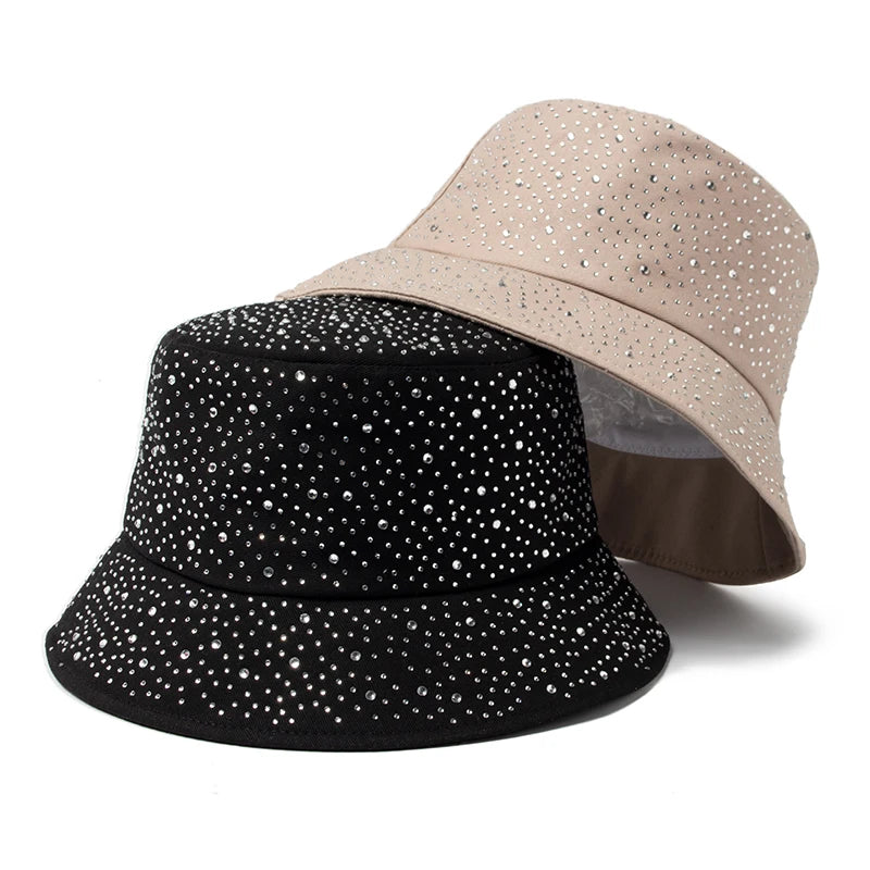 Chic Rhinestone-Studded Y2K Bucket Hat for Women - Stylish Cotton Panama Cap for Spring and Summer Escapades