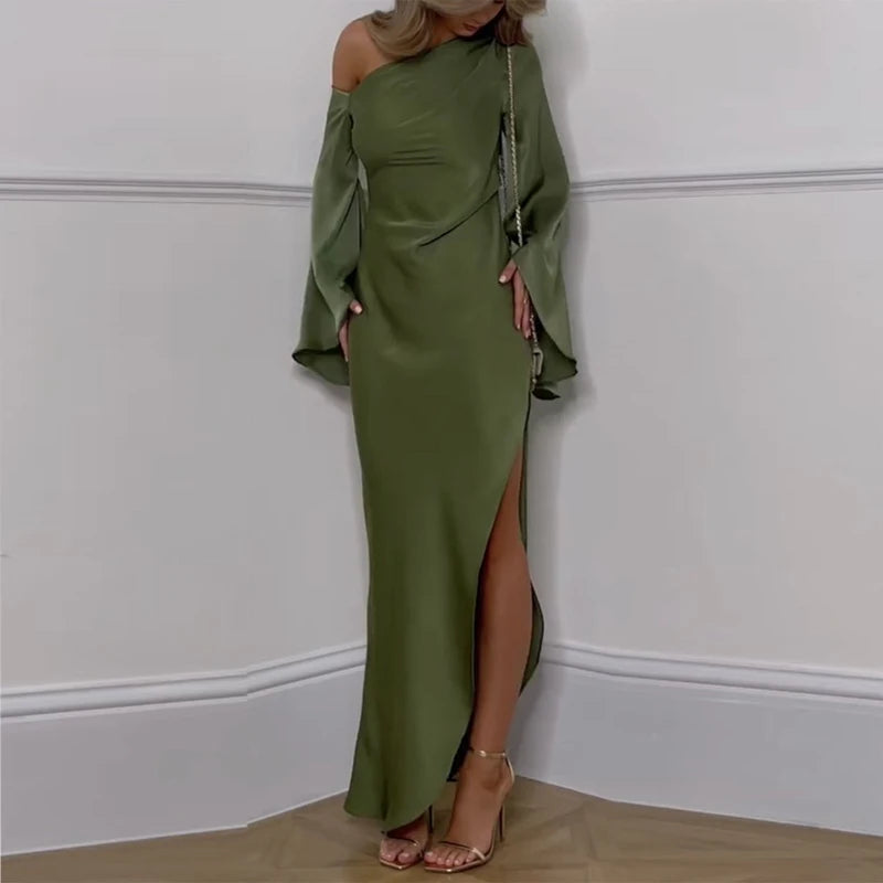 Chic Asymmetrical Off-Shoulder Backless Midi Dress for Women with Flare Sleeves and Side Slit - Elegant Autumn Party Wear