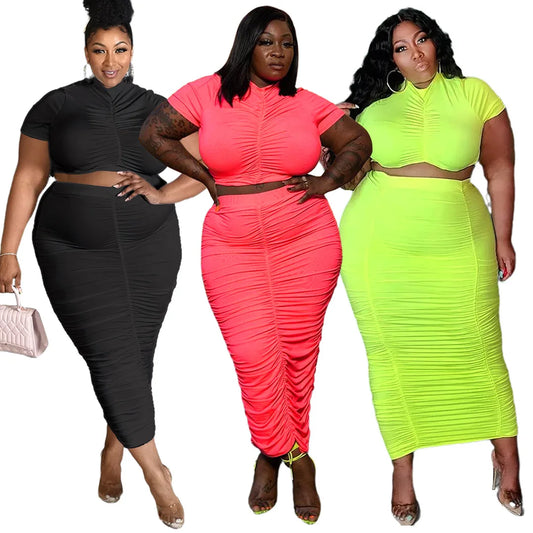 Chic Summer Bodycon Two-Piece Set for Women: Stylish Pleated Crop Top and Skirt Ensemble