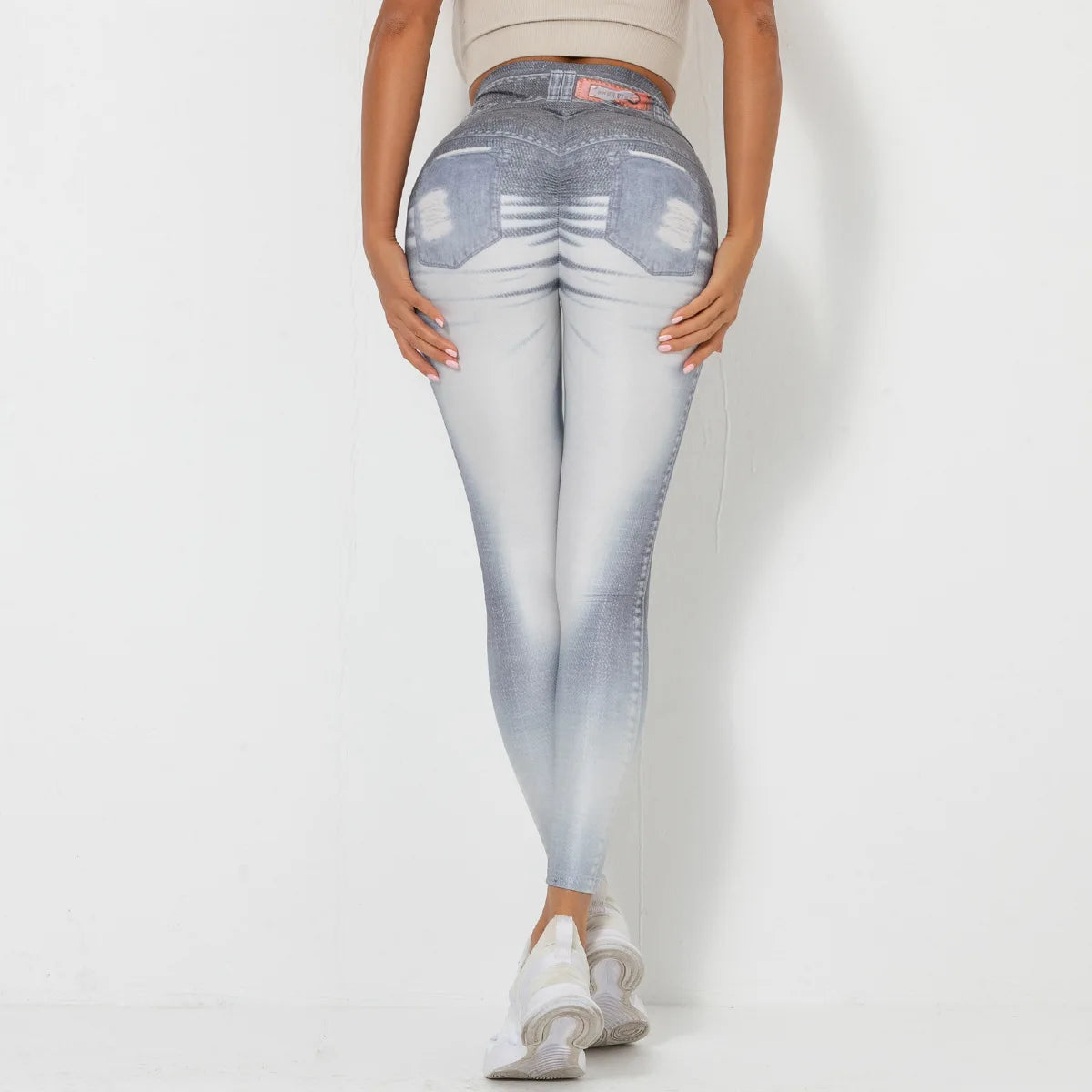 High Waist Scrunch Yoga Leggings for Women - Denim-Look Push Up Fitness Tights