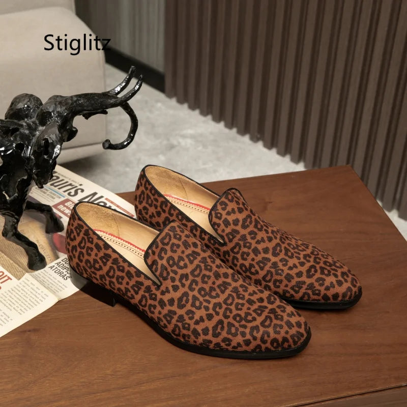 Leopard Print Casual Slip-On Loafers for Men - Breathable Genuine Leather Dress Shoes for Office and Driving in Spring and Autumn