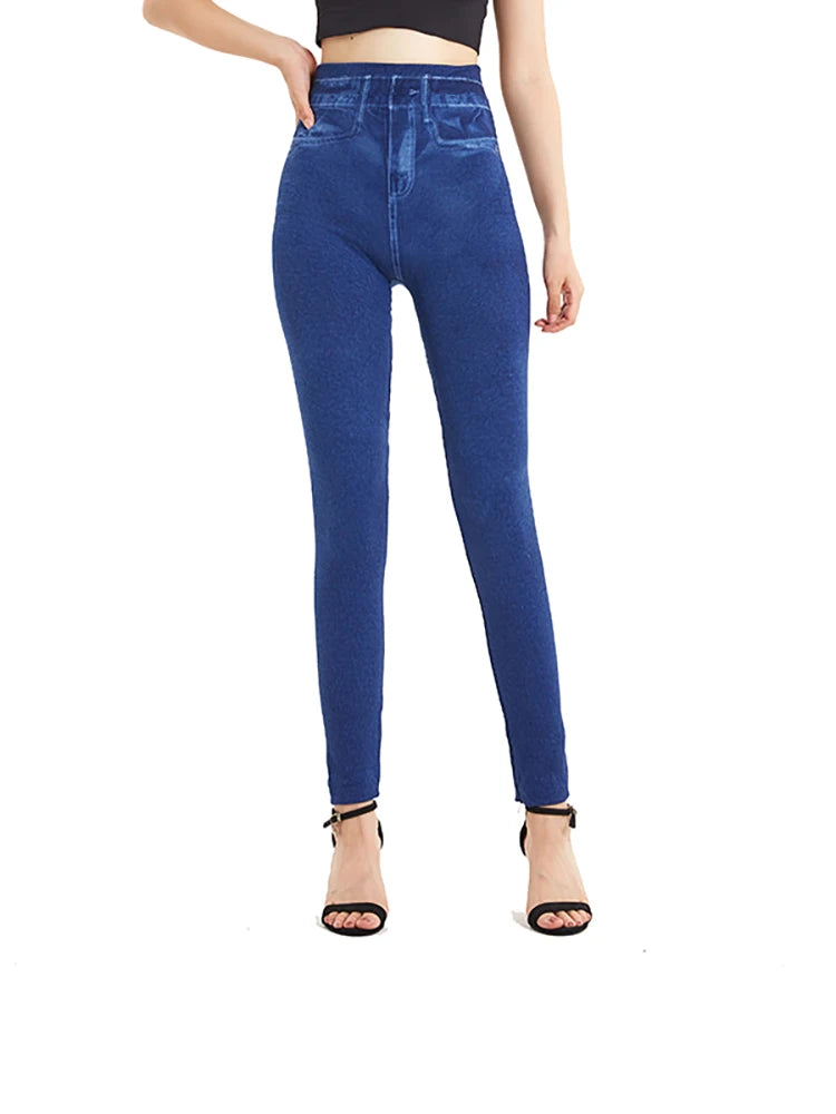 High Waist Plus Size Faux Denim Leggings for Women - Stretchy Casual Jeggings in Solid Blue