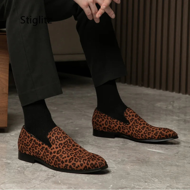 Leopard Print Casual Slip-On Loafers for Men - Breathable Genuine Leather Dress Shoes for Office and Driving in Spring and Autumn