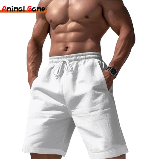 Men's Breathable Linen Cotton Shorts for Summer - Versatile Elastic Waist Trousers for Fitness, Yoga, and Streetwear